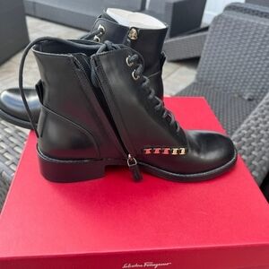 Salvatore Ferragamo Black Lace-Up Boots with Gold Detail